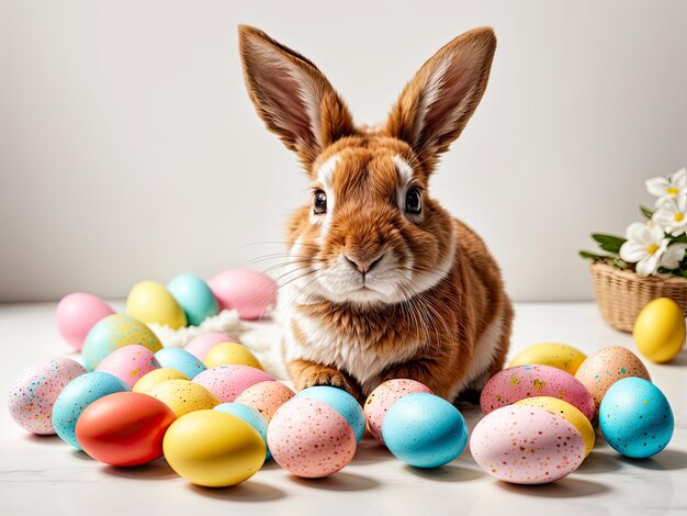 Un lindo conejo de Pascua realista natural con huevos multicolores y flores de primavera una tarjeta de vacaciones tradicional generada por la IA