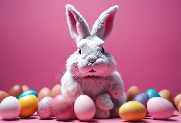 Foto un lindo conejo de pascua realista sobre un fondo rosado