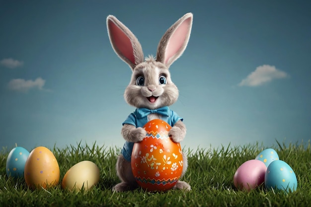 El lindo conejo de Pascua sentado en la hierba con huevos de Pascua coloridos