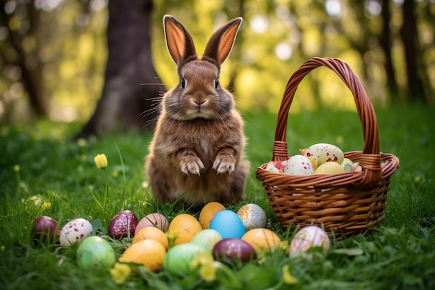 El lindo conejo de Pascua sentado con huevos de Pascua de colores mientras está sentado al aire libre en la naturaleza