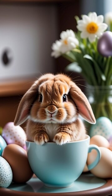 Lindo conejo de Pascua sentado en una taza buscando huevos de Pascua Concepto de vacaciones y tradiciones de primavera