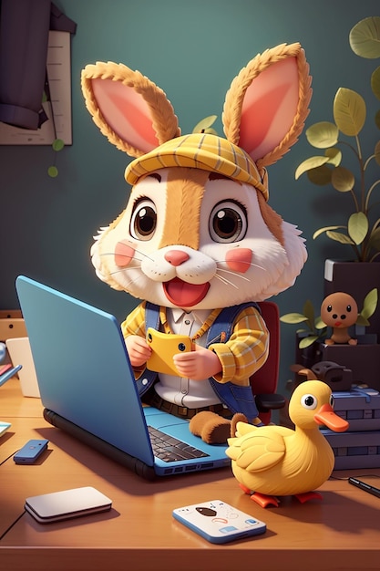 Lindo conejo con pato trabajando en una ilustración de dibujos animados de computadora portátil