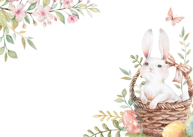 Lindo conejo peludo blanco en una canasta de Pascua en el césped verde con huevos pintados ilustración de acuarela