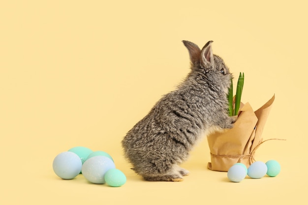 Lindo conejo, planta de primavera y huevos de Pascua.