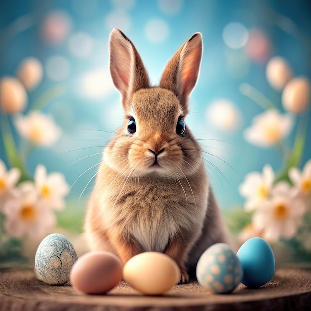Lindo conejo realista sentado en el tronco con huevos coloridos concepto de Pascua rodeado de flores