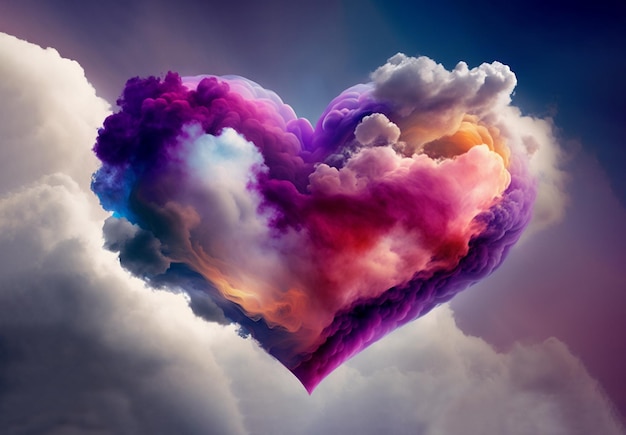 lindo coração colorido de dia dos namorados nas nuvens como fundo abstrato generativo ai