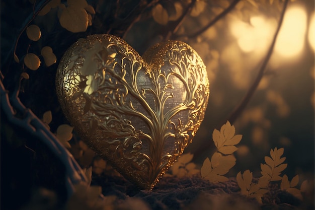 lindo coração de ouro na floresta
