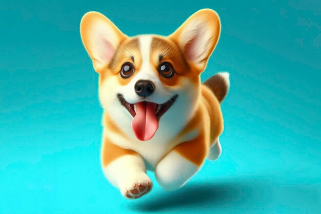 El lindo Corgi corre con la lengua colgando y los grandes ojos abultados aislados en un fondo sólido de colores brillantes