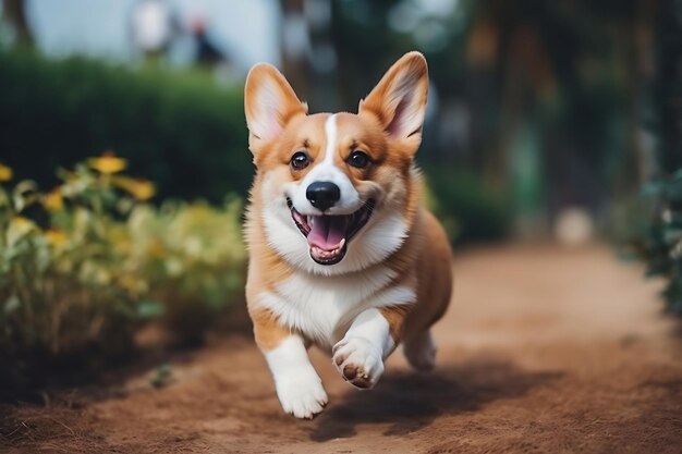 El lindo Corgi jugando al aire libre y copiando espacio