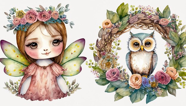 Lindo cuento de hadas dibujado a mano con búho en corona floral flores ramo bosque acuarela ilustración