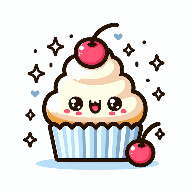 Lindo cupcake con cereza comida feliz emoticon dibujos animados vector ilustración kawaii cupcake icono