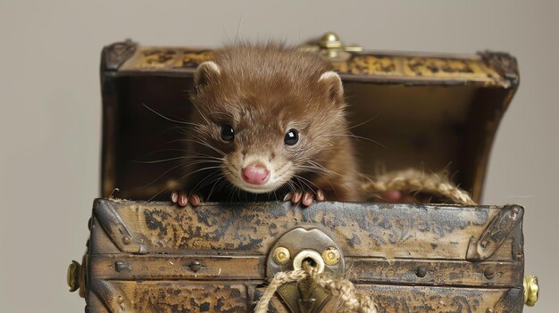 Foto un lindo y curioso hurón asoma desde un viejo cofre de madera sus ojos negros brillantes de inteligencia y curiosidad