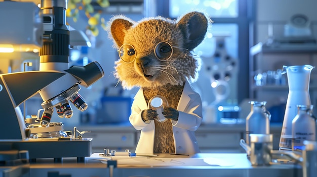 Foto un lindo y curioso quokka con una bata de laboratorio y gafas de seguridad está trabajando en un laboratorio está mirando una placa de petri con una sonrisa en la cara