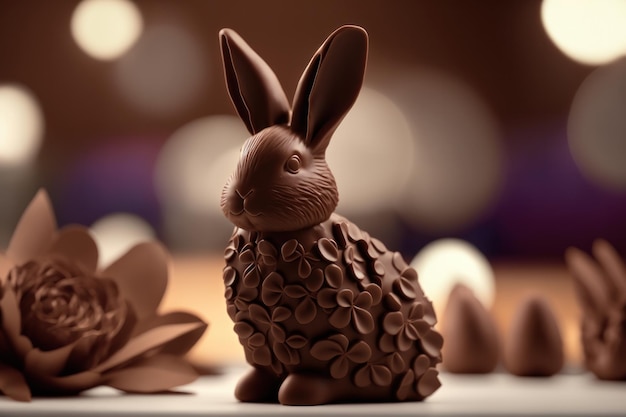 Foto lindo delicioso conejito de chocolate de pascua en la mesa