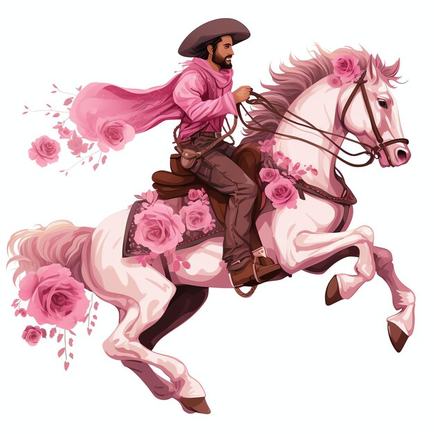 Foto lindo desenho animado rosa cowboy montando uma ilustração de clipart de mustang