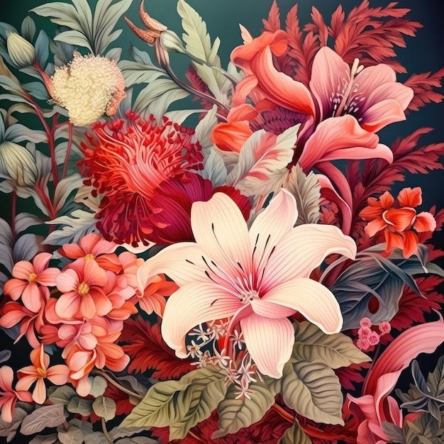 lindo design de fantasia papel de parede vintage ramo de flores botânicas tropicais