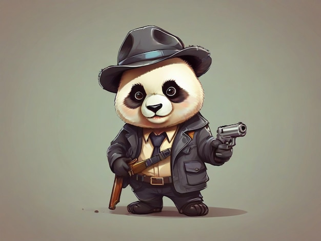 Un lindo detective panda con una pistola en la mano. Ilustración de icono vectorial de dibujos animados.