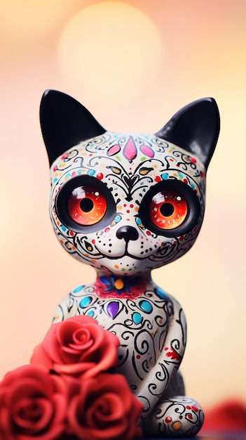 Lindo día mexicano del gato muerto en forma de calavera sobre un fondo claro