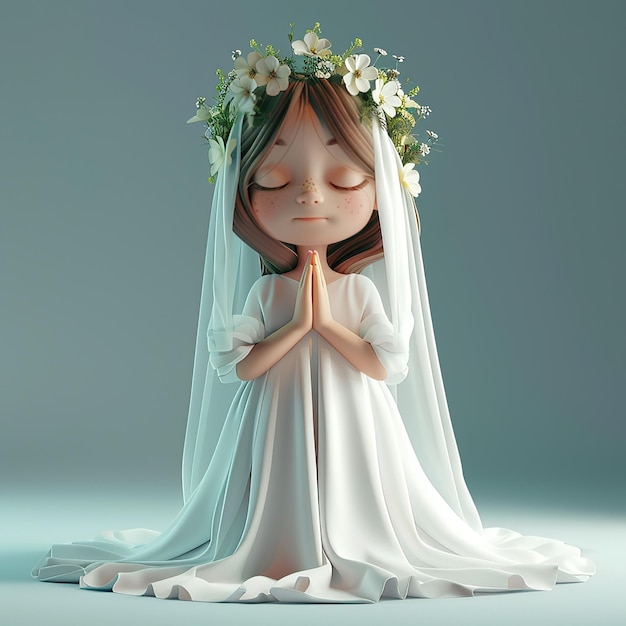 Lindo dibujo animado en 3D de una chica encantadora orando