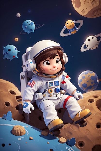 Lindo dibujo animado de astronauta en el espacio exterior