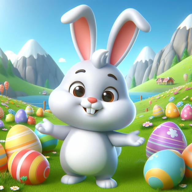 Lindo dibujo animado de conejo de Pascua Tiempo de Pascua Tarjeta de invitación generada por IA