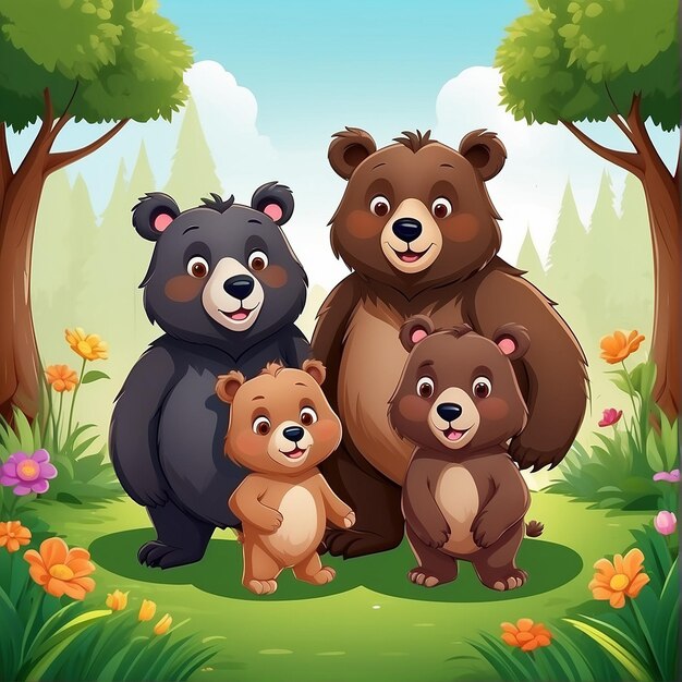 Foto lindo dibujo animado de la familia oso en la hierba