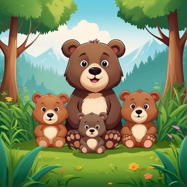 Lindo dibujo animado de la familia oso en la hierba