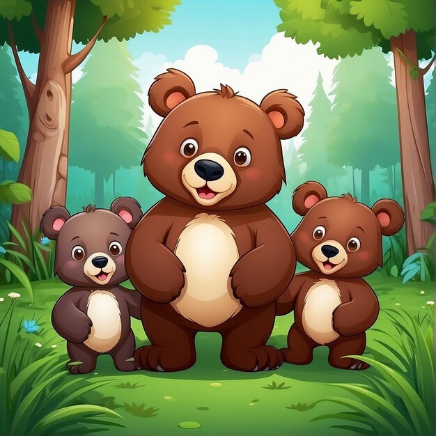 Lindo dibujo animado de la familia oso en la hierba