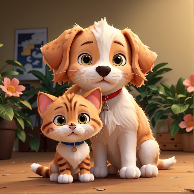 Foto el lindo dibujo animado de gato y perro
