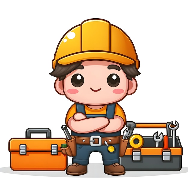 Lindo dibujo animado de un pequeño constructor con herramientas