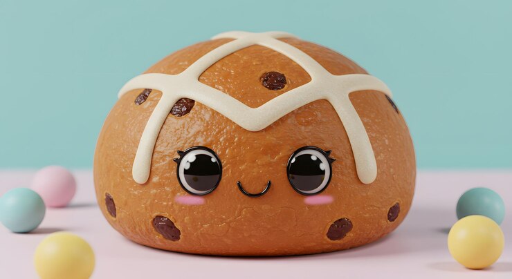 Lindo dibujo animado sonriente pan cruzado caliente con papas fritas de chocolate y huevos de Pascua