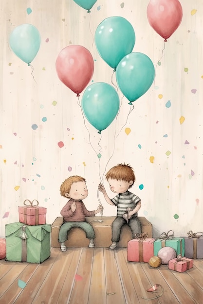 Lindo dibujo infantil de dos pequeños amigos sentados en cajas de regalos hablando