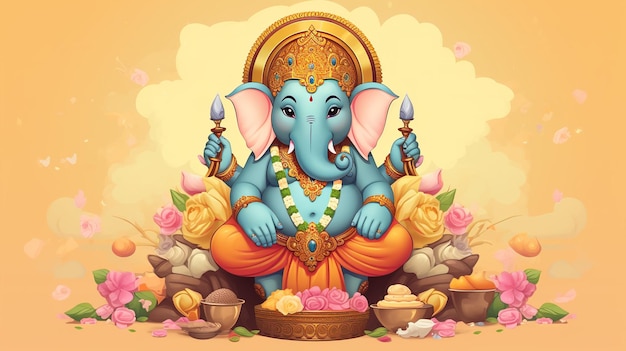 El lindo dibujos animados del Señor Ganesha adornado con encantadores adornos y exudando la dulzura divina