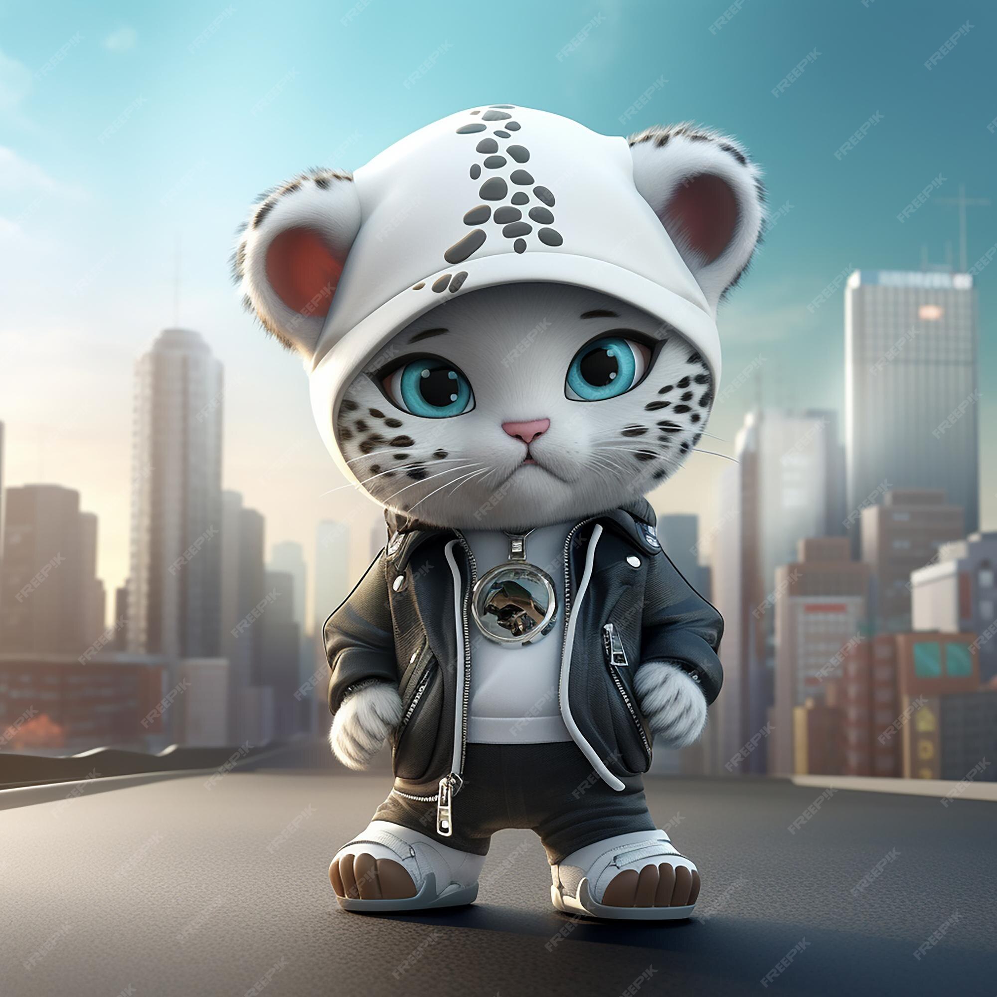 Um lindo gato bebê hiper-realista de kawaii vestindo roupas de hip hop  fundo da cidade