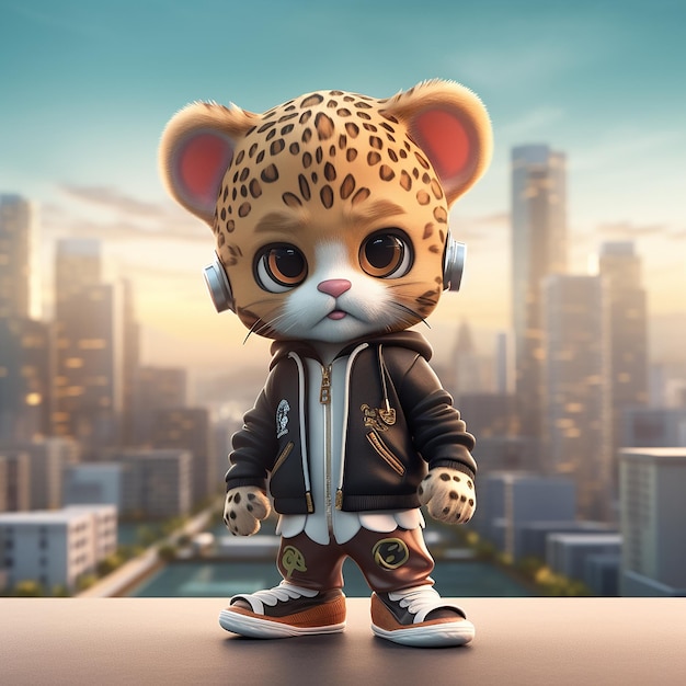 Un lindo y diminuto gato bebé hiperrealista Kawaii con ropa de hip hop en el fondo de la ciudad