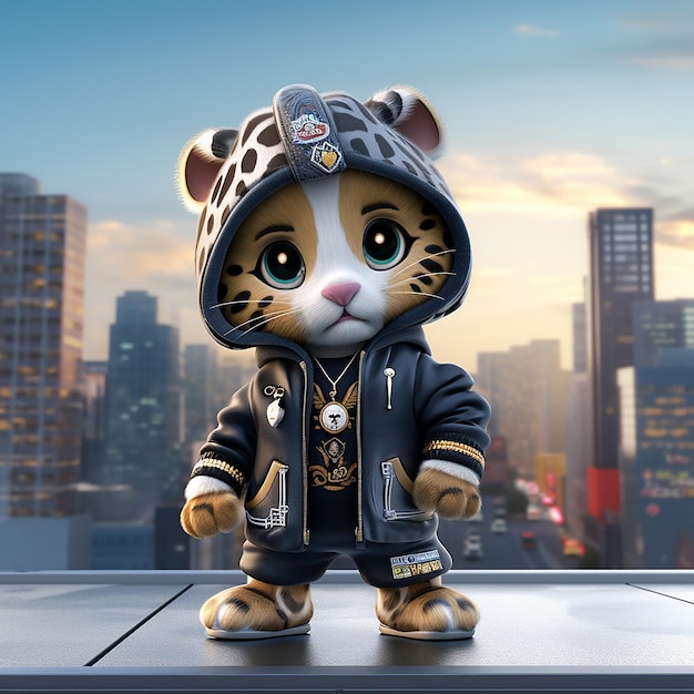 Un lindo y diminuto gato bebé hiperrealista Kawaii con ropa de hip hop en el fondo de la ciudad