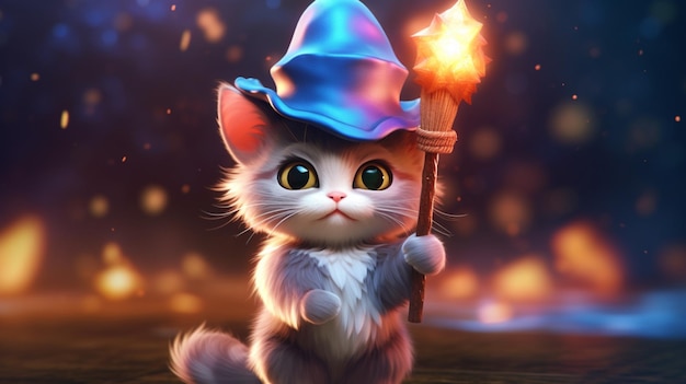 un lindo y diminuto gato hiperrealista con mago de fantasía IA generativa