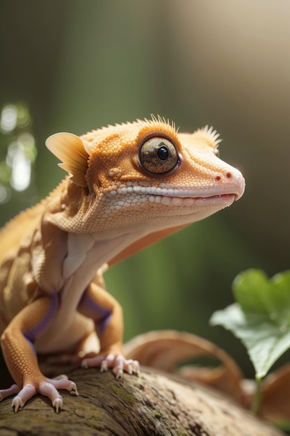 Un lindo y diminuto gecko crestado kawaii hiperrealista con un fondo liso