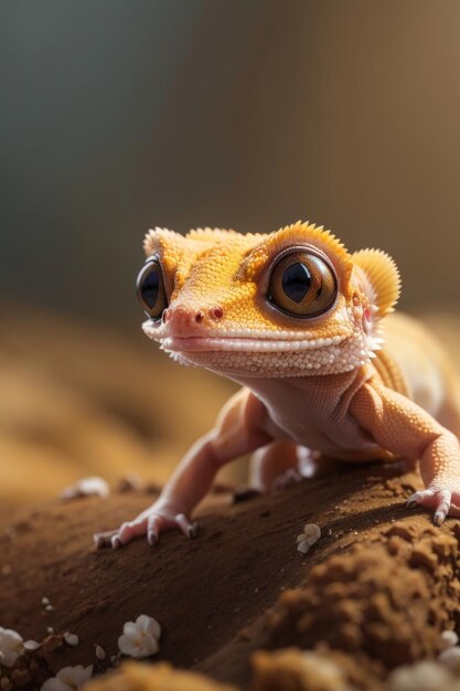 Un lindo y diminuto gecko crestado kawaii hiperrealista con un fondo liso