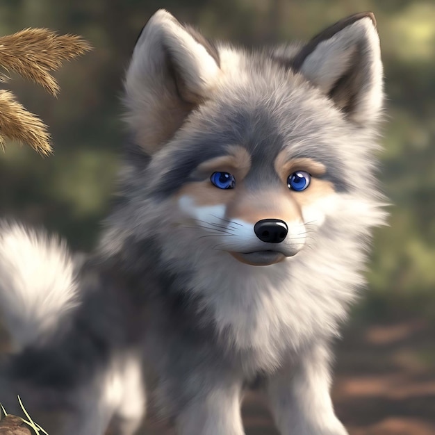 Lindo diminuto lobo de anime hiperrealista de