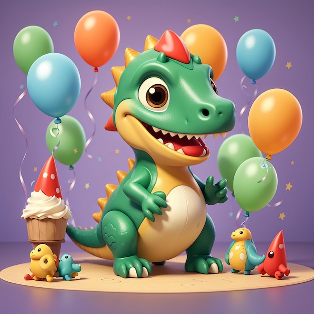 Lindo dinosaurio fiesta de cumpleaños con globo de dibujos animados icono vectorial ilustración animal vacaciones aisladas