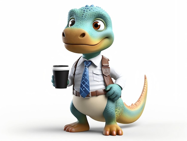 Lindo dinosaurio verde tomando Café