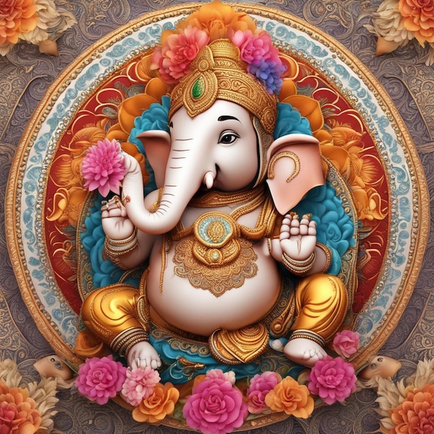 Un lindo dios hindú Señor Ganesha de color lleno de decoración de flores