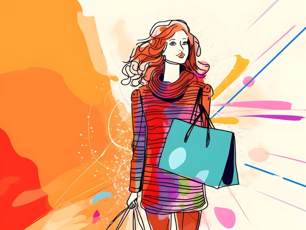 Foto lindo diseño de arte digital colorido de una dama llevando bolsas de compras en ilustración de arte de línea de garabateo