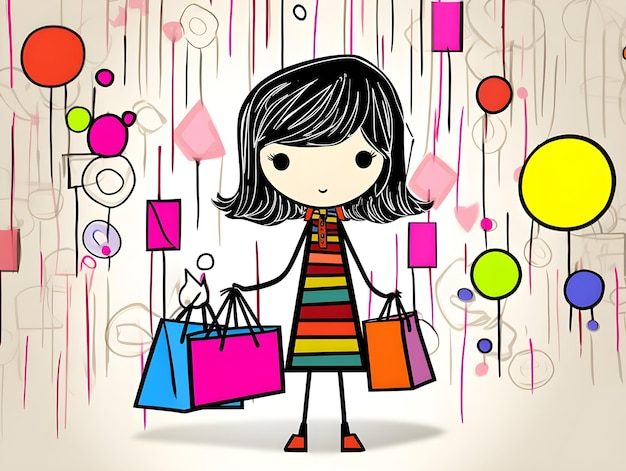 Lindo diseño de arte digital colorido de una dama llevando bolsas de compras en ilustración de arte de línea de garabateo