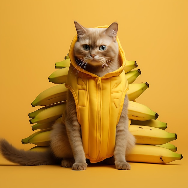 Foto lindo y divertido gato en medio de plátanos.