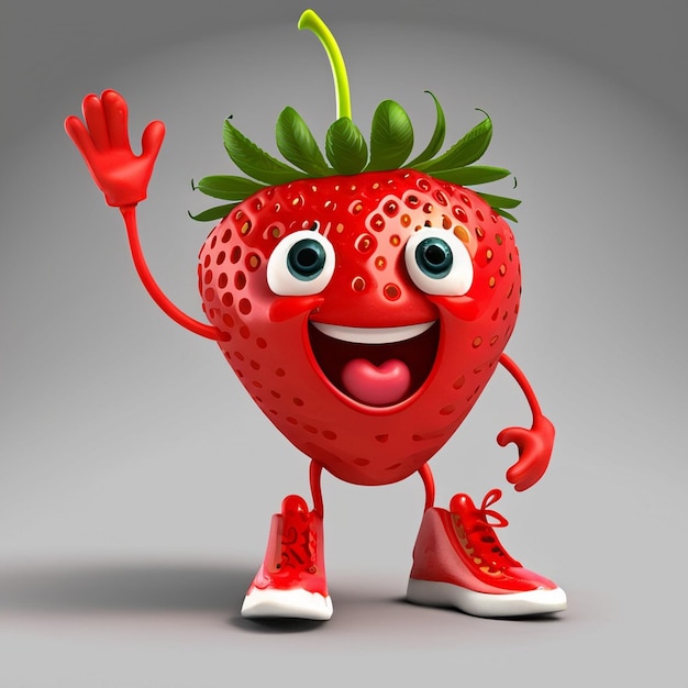 Un lindo y divertido personaje de fresa con dos piernas delgadas con un kochi levantando la mano hacia el cielo