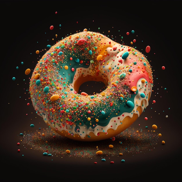 Lindo donut colorido y brillante con glaseado colorido y decoración multicolor Donut sobre fondo negro