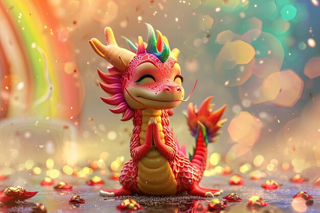 Foto un lindo dragón arco iris relajándose en posición de yoga celebrando el año del dragón 2024 sonriendo fondo de paisaje chino