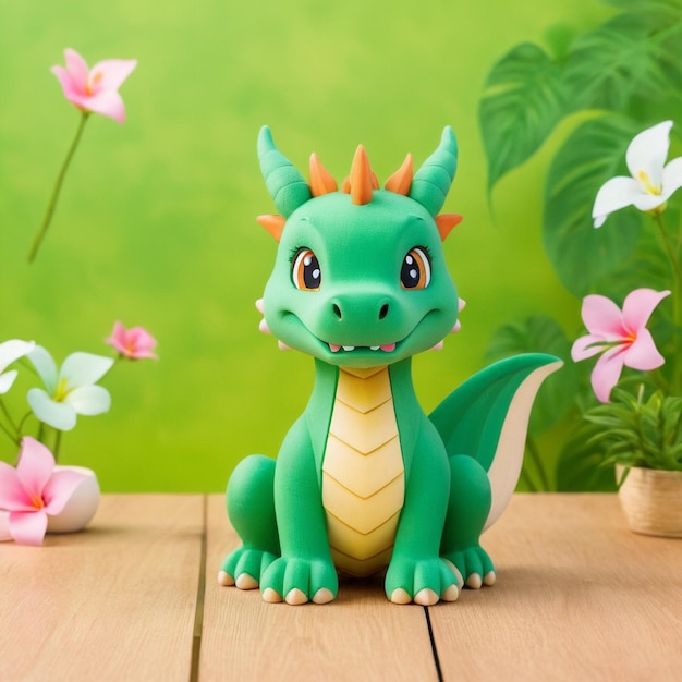 Foto el lindo dragón de madera verde de estilo 3d de dibujos animados